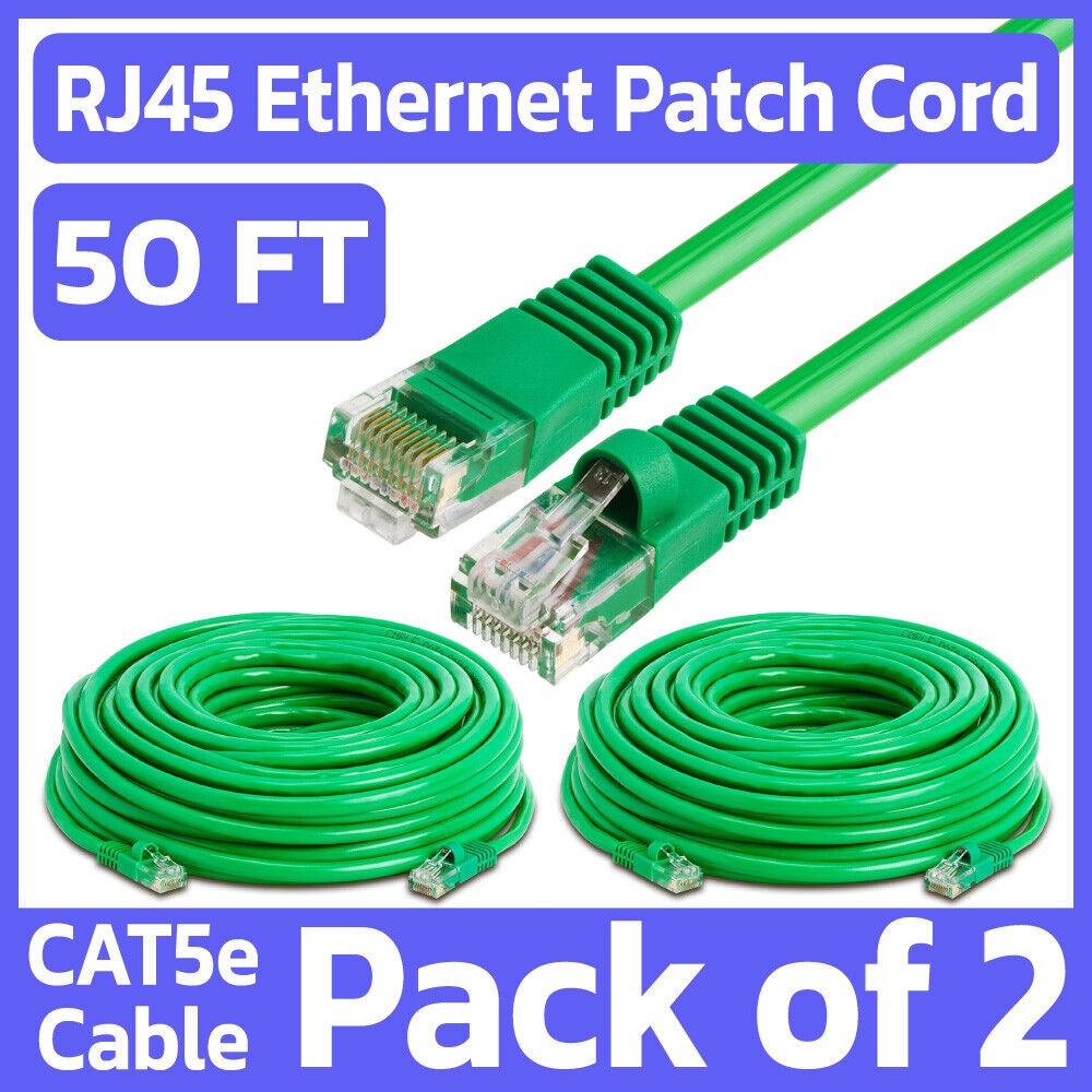 2 Pack Green Cat5e Ethernet Patch Cable 50ft RJ45 Network Cord Internet Wire