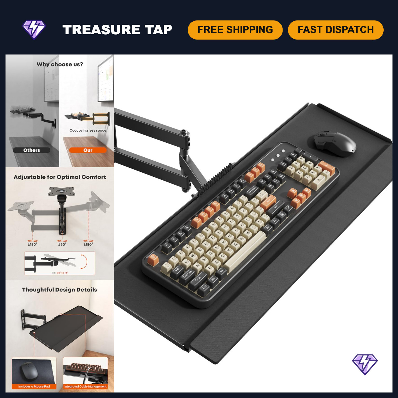 Adjustable Wall Mount Keyboard Tray with Arm, 7.6"x25.8" Space-Saving Platform