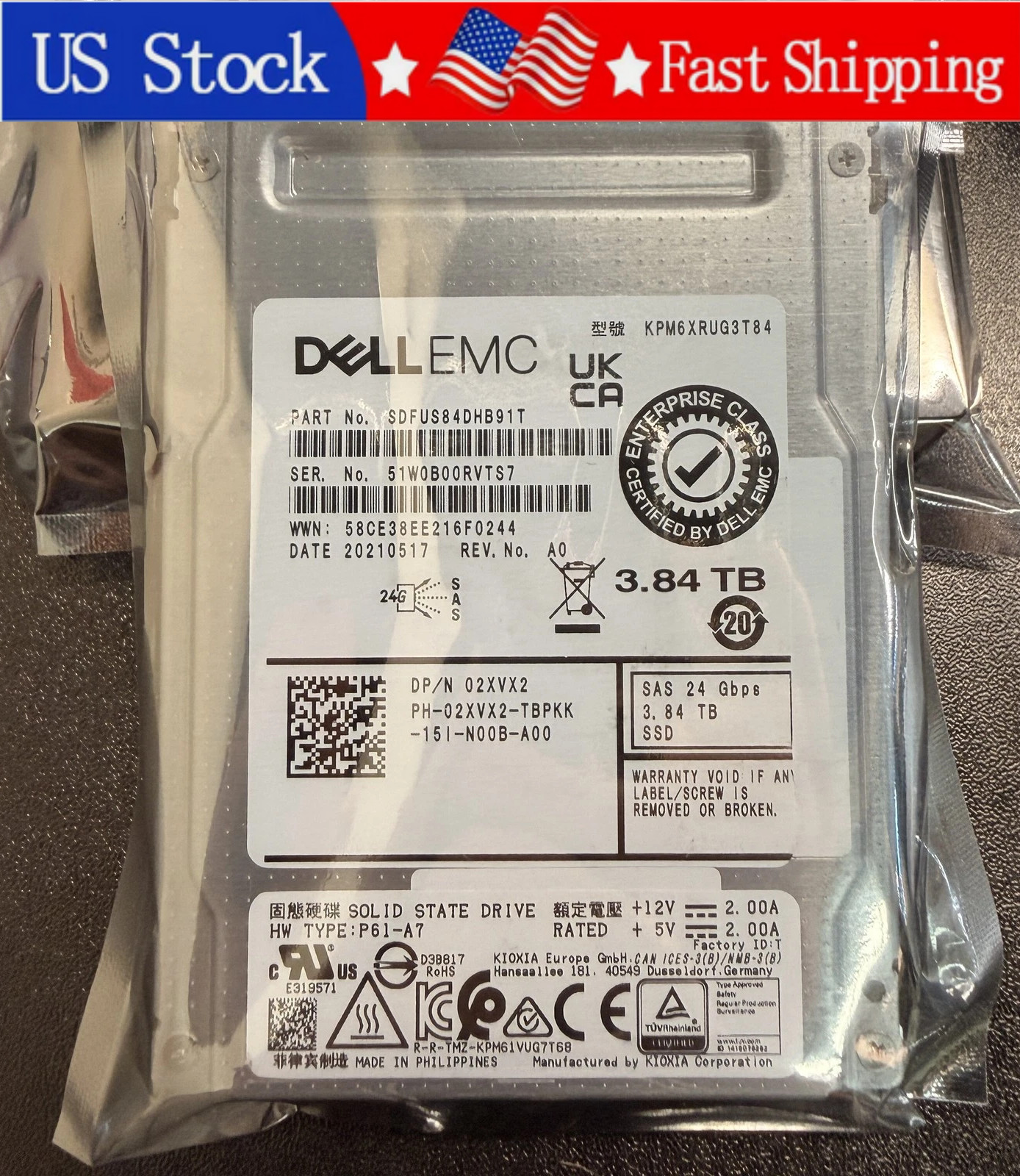 New Dell 02XVX2 2XVX2 3.84TB 2.5" SAS 24Gbps RI TLC Enterprise SSD KPM6XRUG3T84