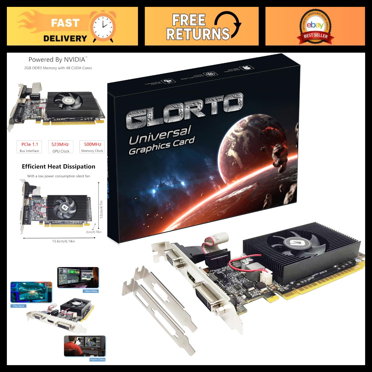 Low Profile 2GB DDR3 Graphics Card, PCIe x16, HDMI/VGA/DVI, Entry Level GPU for