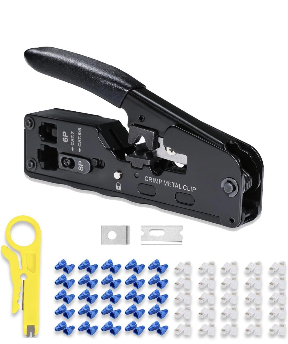 All-in-one RJ45 RJ12 Crimp Tool, 50pcs CAT6 Pass Through Connectors and Covers