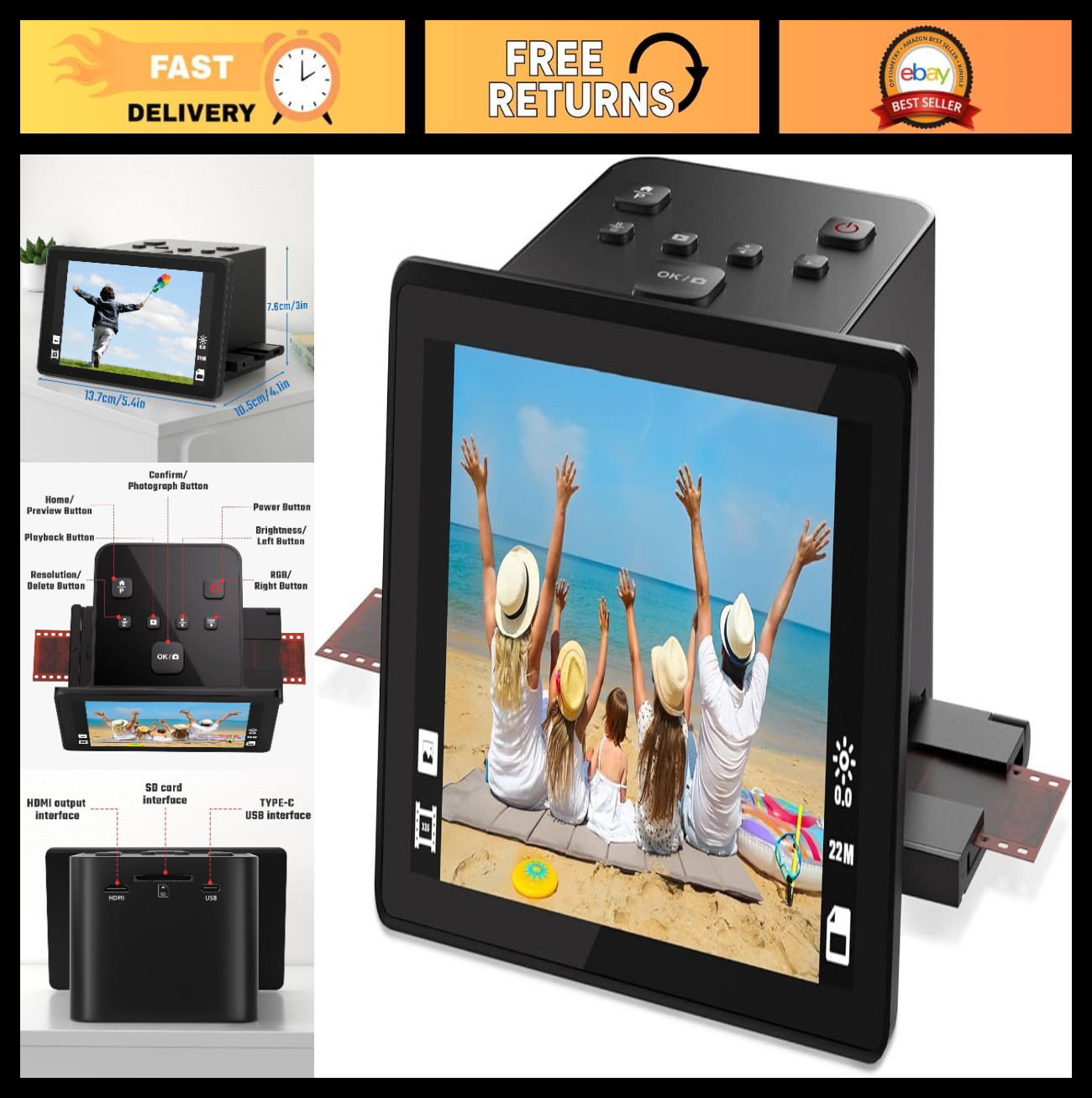 22MP Film & Slide Scanner 5" LCD - Convert 35mm/126/110 Negatives to JPEGs, Stan