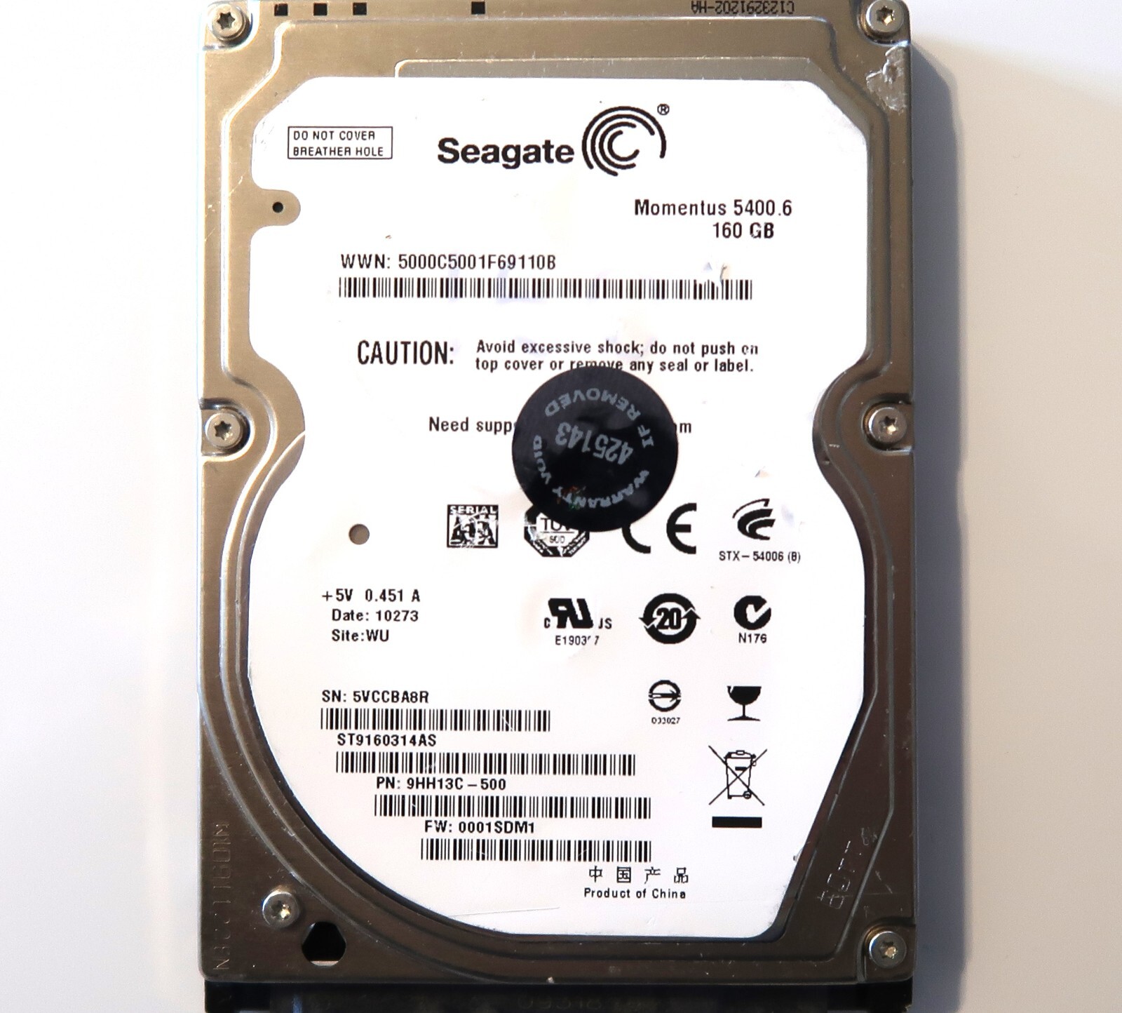 Seagate ST9160314AS 9HH13C-500 0001SDM1 (5VCC) WU China 160gb 2.5" Sata 01/2010