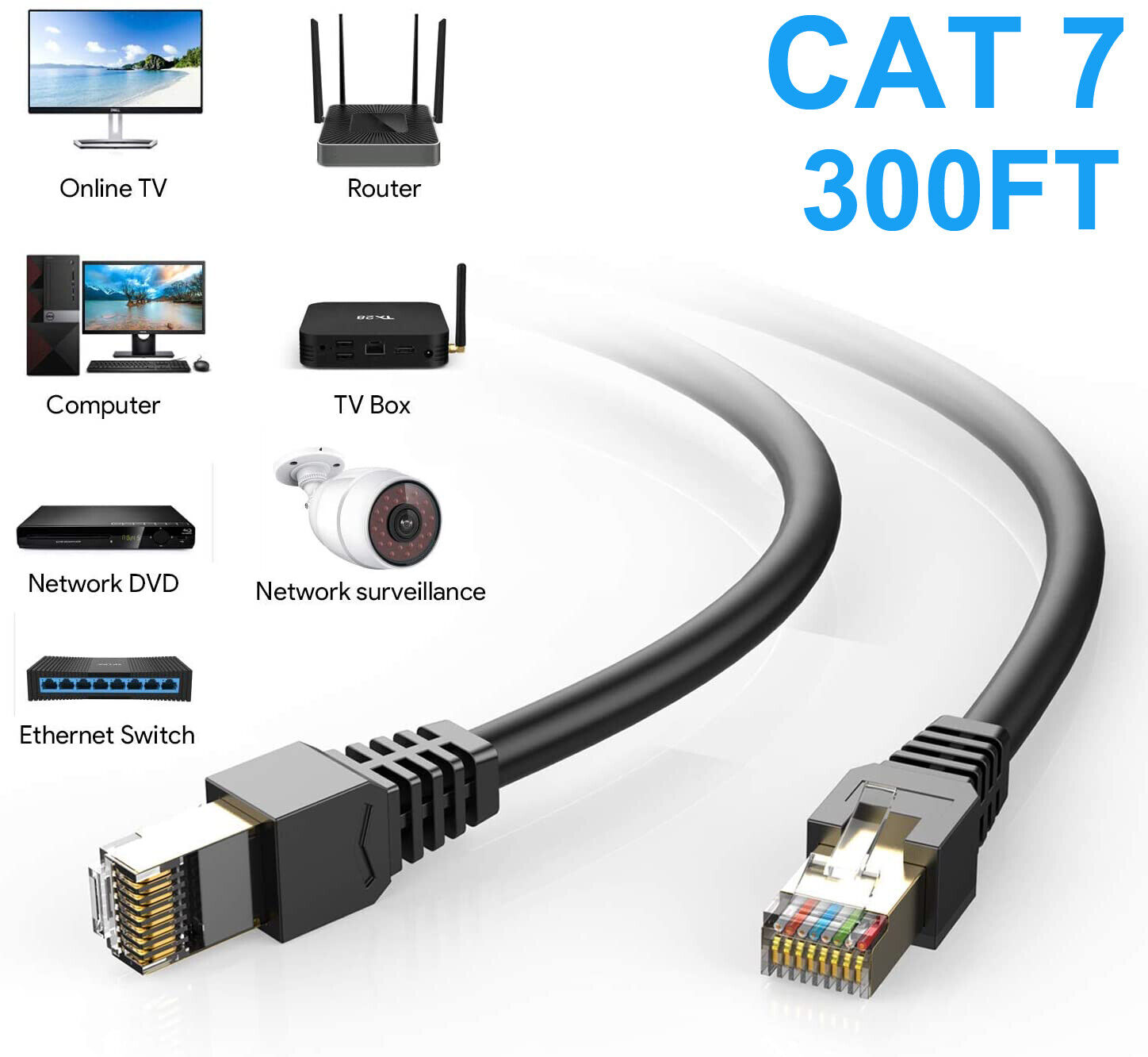 300FT CAT7 S/FTP Network Outdoor UV Copper IP PoE Ethernet Cable Waterproof RJ45