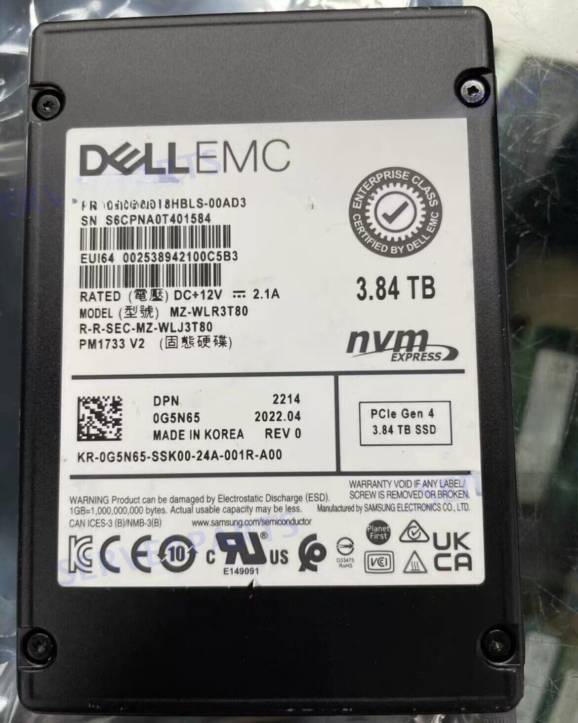 DELL Samsung PM1733 3.84TB SSD U.2 NVME PCIE MZWLR3T8HBLS-00AD3 100% Health