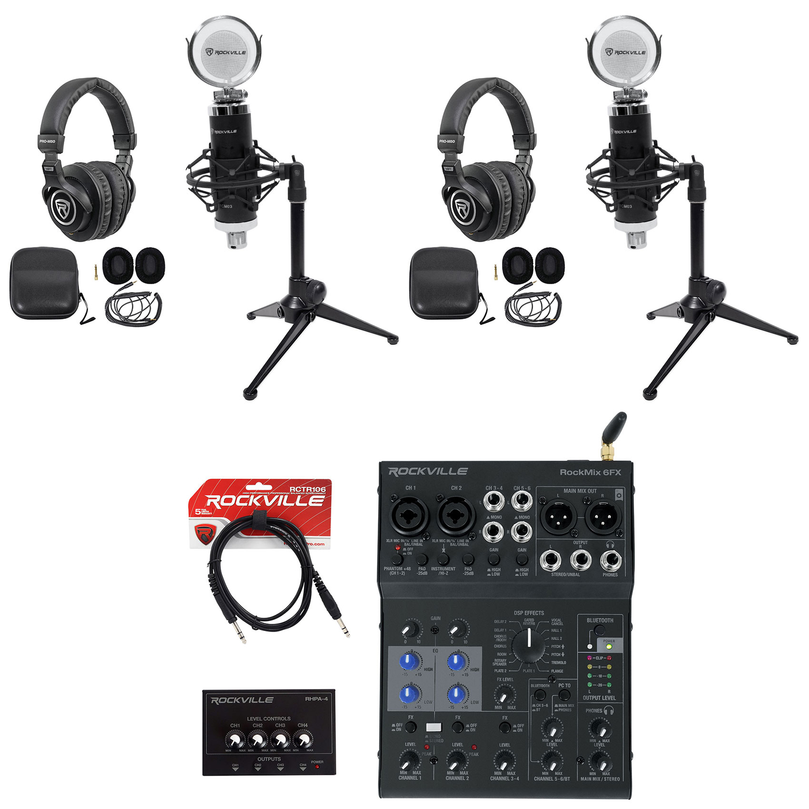 Rockville 2-Person Podcast Podcasting Bundle w/Effects Mixer+Recording Mics