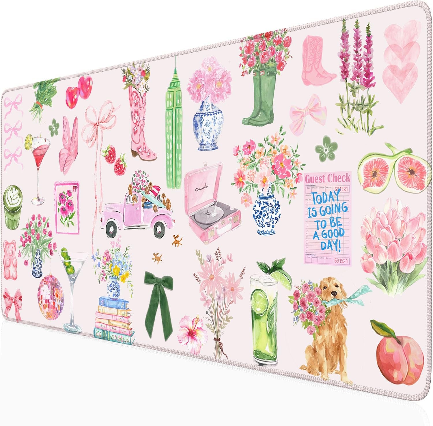 Pink Pastel Floral Desk Mat Cute Kawaii Retro Vintage XXL Large Mouse Pad Flower