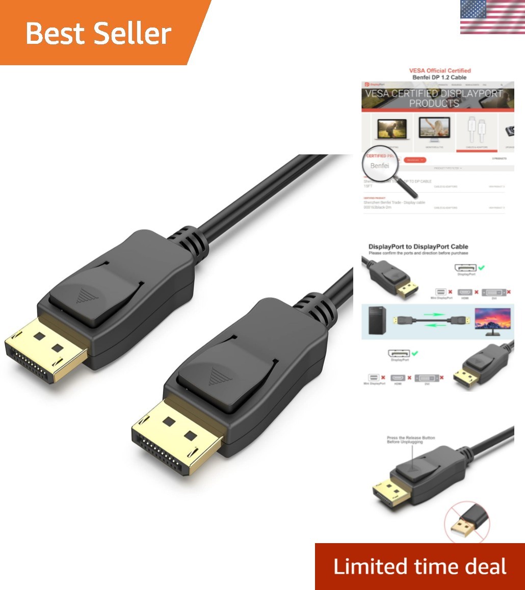 Durable 8K DisplayPort to DisplayPort Cable - 15FT with Gold-Plated Connectors