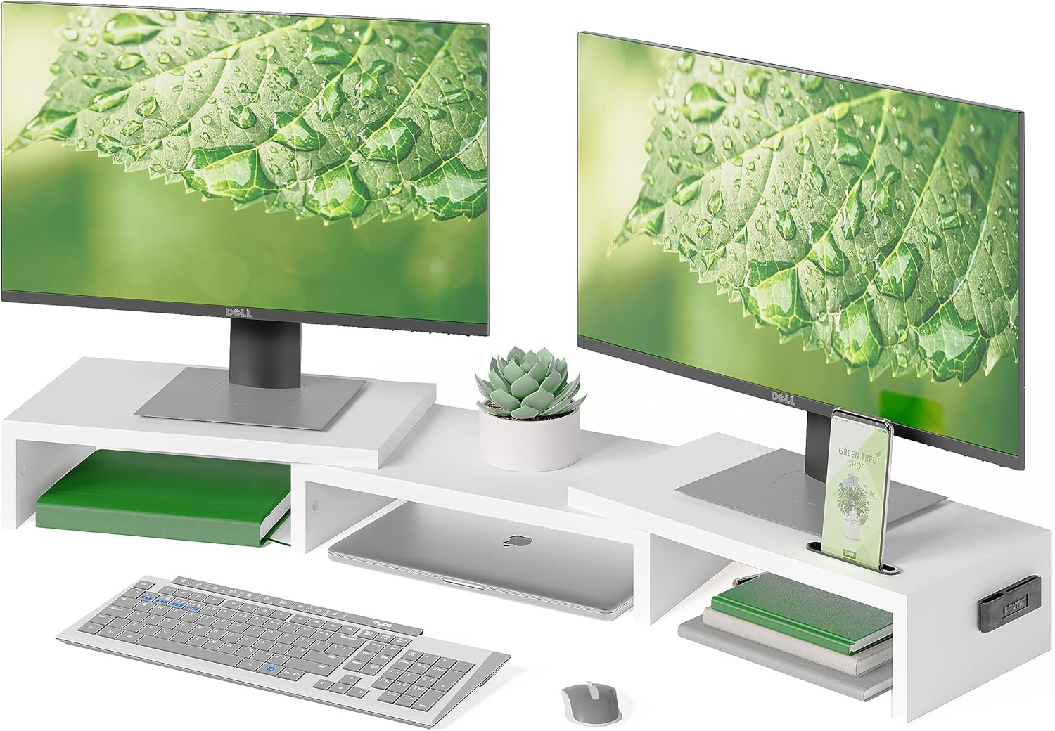 BONTEC Dual Monitor Stand Riser, Adjustable Length & Swivel Angle, White | Ergon