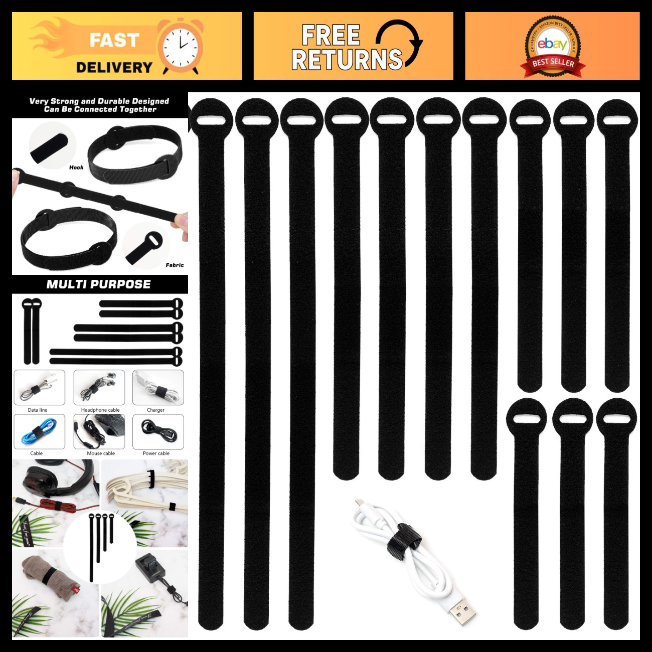 150PCS Reusable Hook & Loop Cable Ties - Adjustable Multi-Purpose Cord Organizer