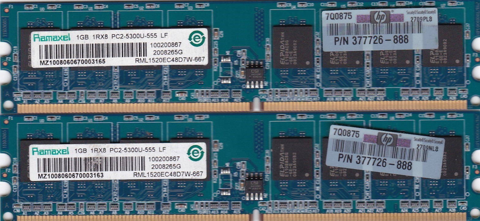 2GB 2x1GB PC2-5300 DDR2-667 RAMAXEL RML1520EC48D7W-667 MEMORY KIT HP 377726-888