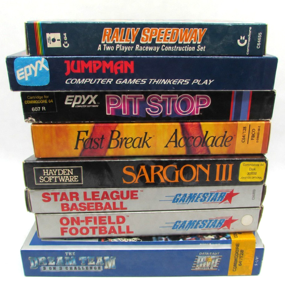 Commodore 64 C64 Empty Game Boxes Lot of 8 Jumpman Pitstop Dream Team Paperwork