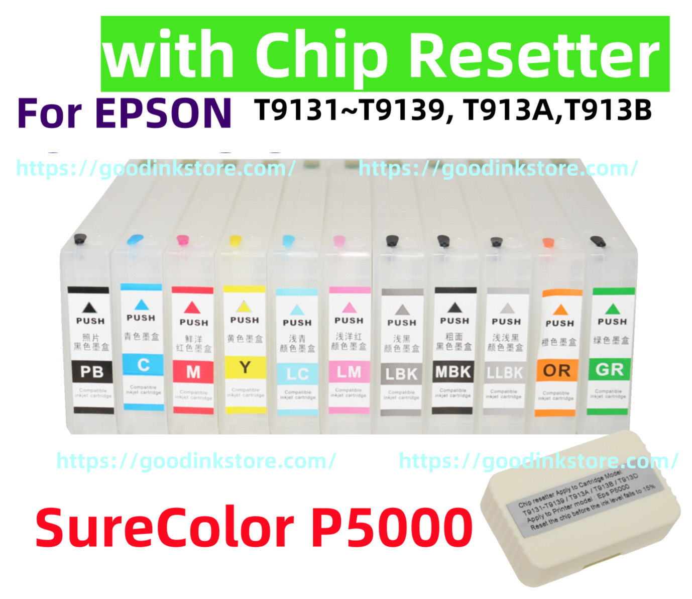 11 Empty Refillable Ink Cartridge SureColor SC P5000 T913 913 w/ chip resetter