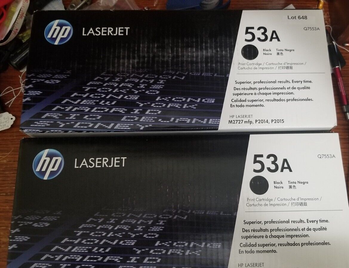 Two New Q7553A 53A Genuine HP Black Print Cartridge Toner
