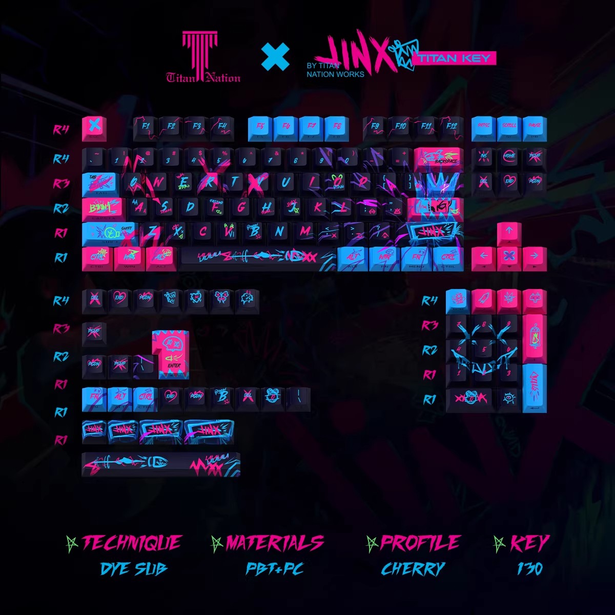 LOL Arcane Jinx Keycaps PBT 130/144 Keys Cherry MX Side-Lit Gift For RGB Keypads