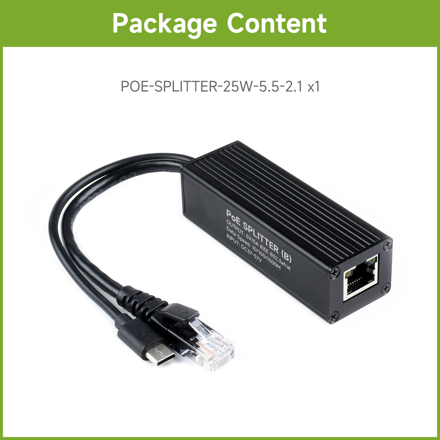 Waveshare Industrial Gigabit PoE Splitter, options for 5V 5A Type-C / DC Power