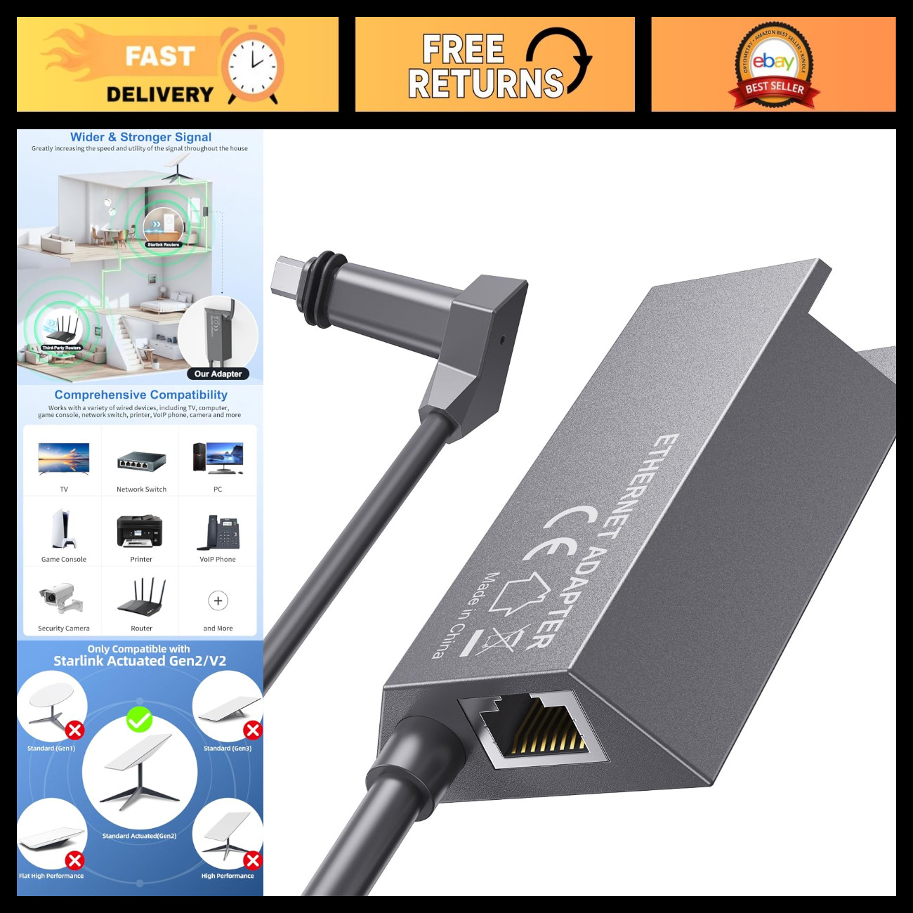 Ethernet Adapter for Starlink Gen 2 - RJ45 Gigabit Wired Network, Fast & Stable
