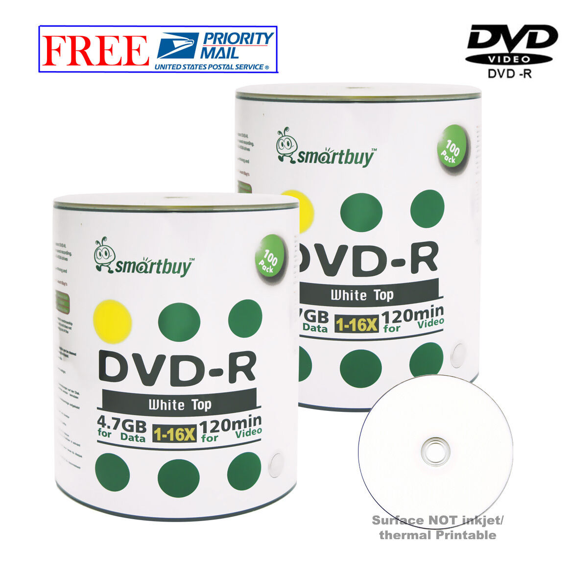 200 Pcs Smartbuy Blank DVD-R DVDR 16X 4.7GB White Top Storage Recordable Disc