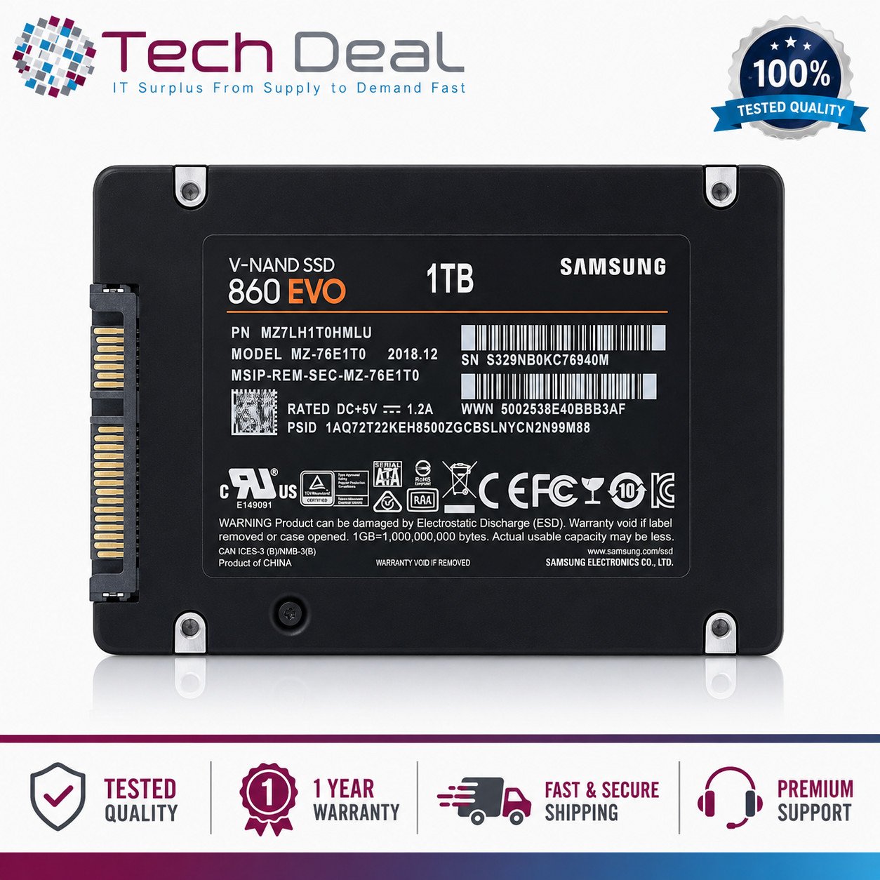 SAMSUNG 860 EVO 1TB 6G 2.5" Inch SATA SSD MZ7LH1T0HMLU MZ-76E1T0
