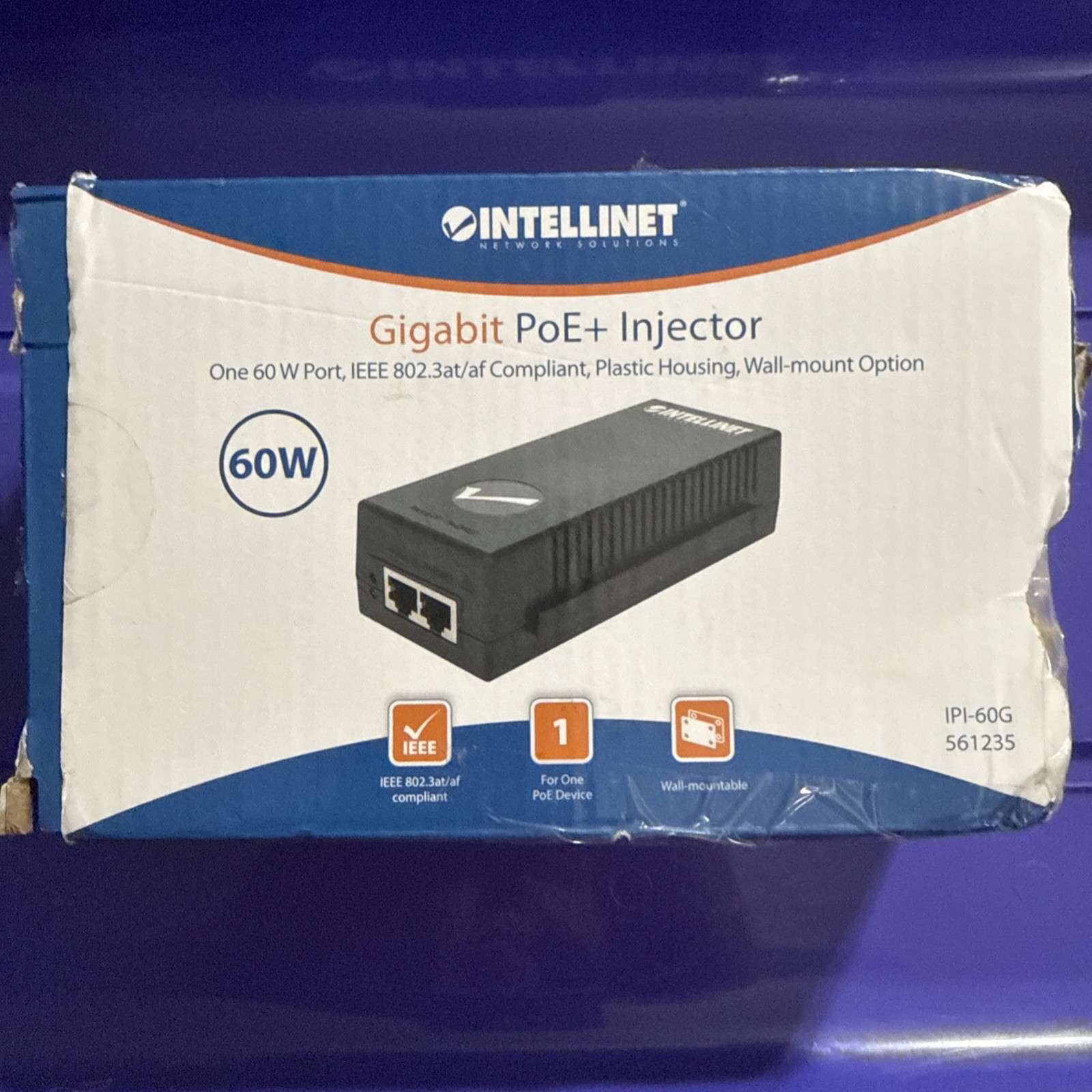 Intellinet Network 561235 IPI-60G Gigabit Ultra PoE Injector 1x 60 W Port.   C1