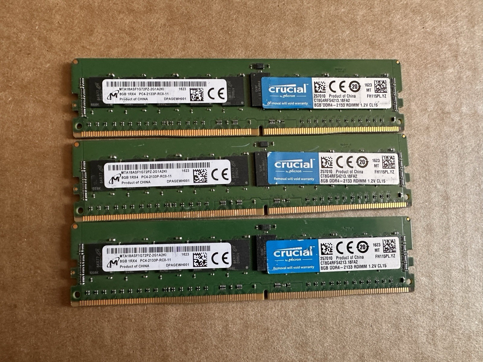 Lot Of (3) Micron 8GB 1Rx4 PC4-2133P-RD0-11 Server Ram