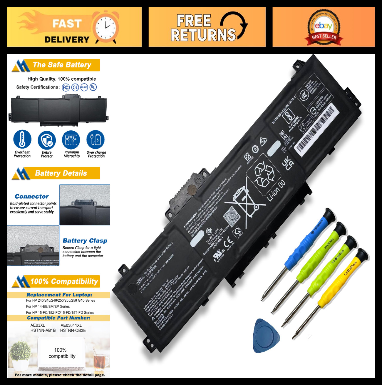 High-Capacity 41Wh Laptop Battery Replacement for HP 240 G10 245 246 250 255 Ser