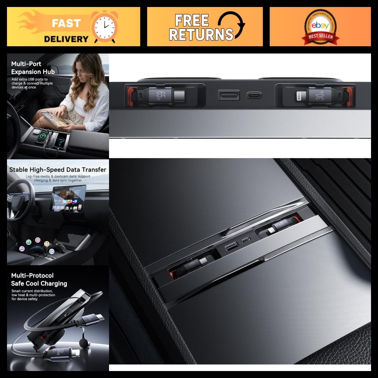 USB Hub for Tesla Model Y & Model 3, Center Console Dock with Dual Charging Cabl