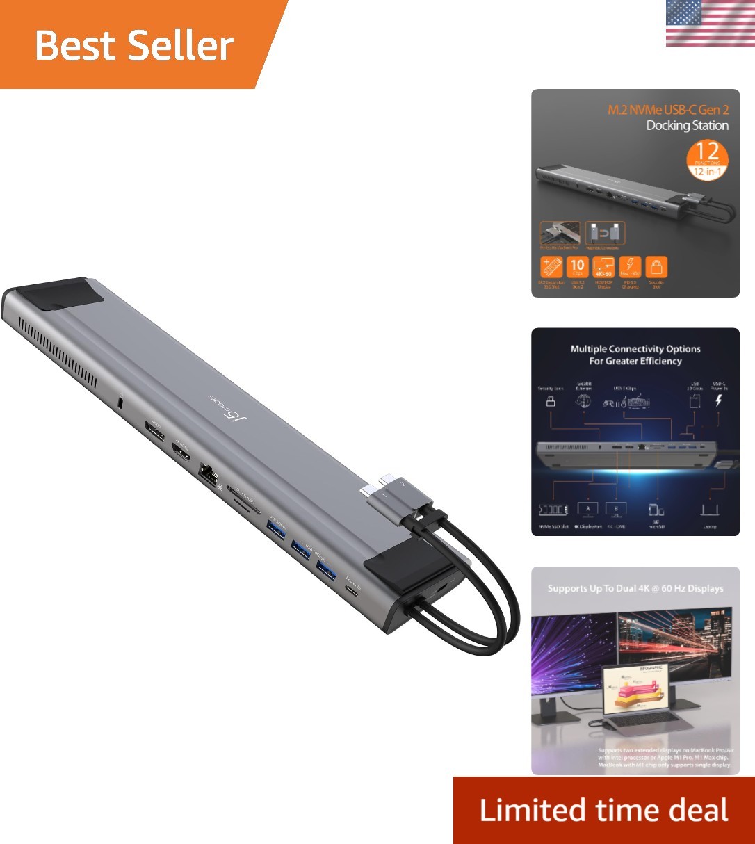 Versatile USB C Docking Station - Dual 4K Display, 3 SuperSpeed USB Ports