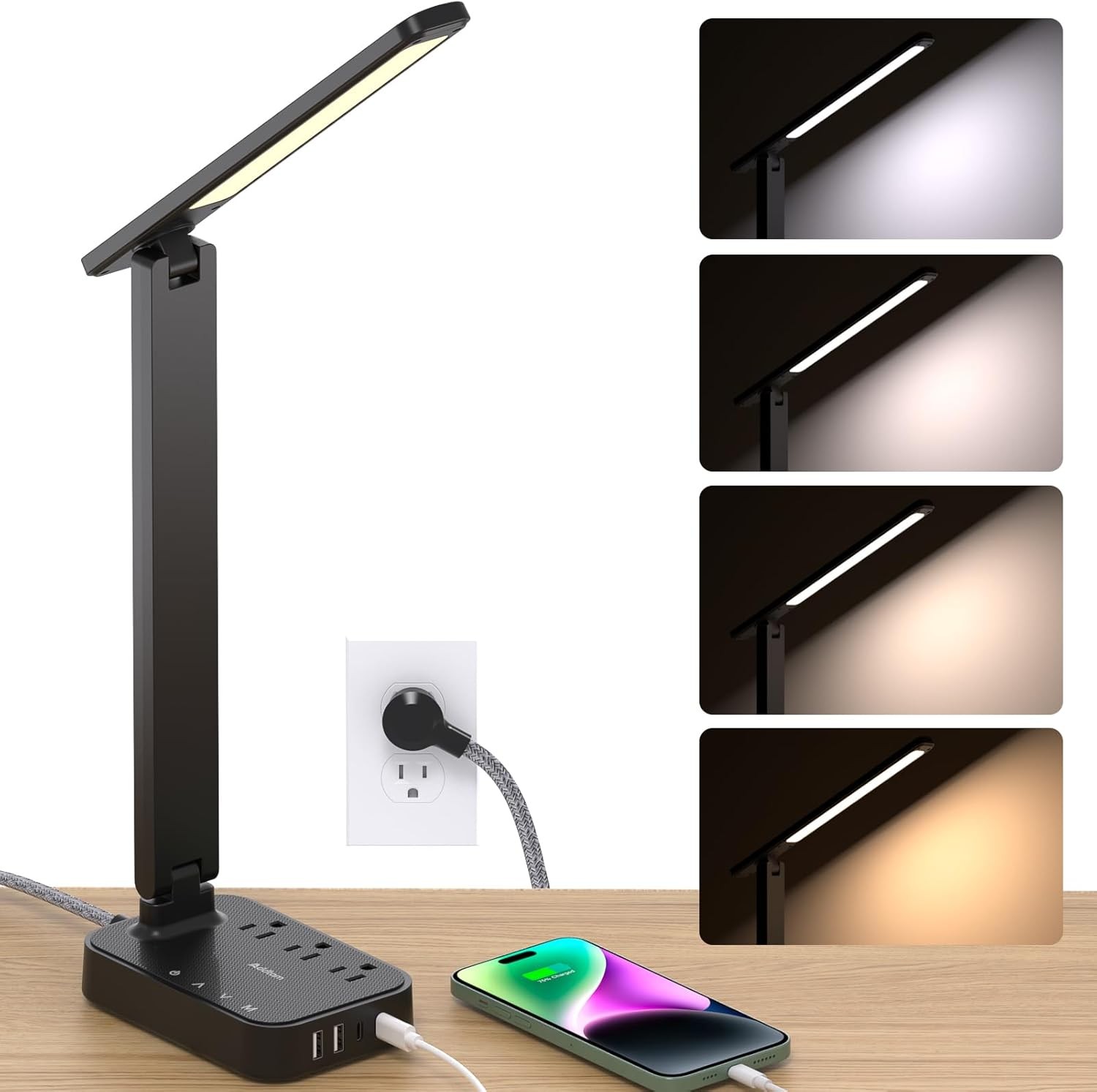 Addtam LED Desk Lamp, Power Strip with 3 Outlets 4 USB Charging Ports(2 USBC), 4