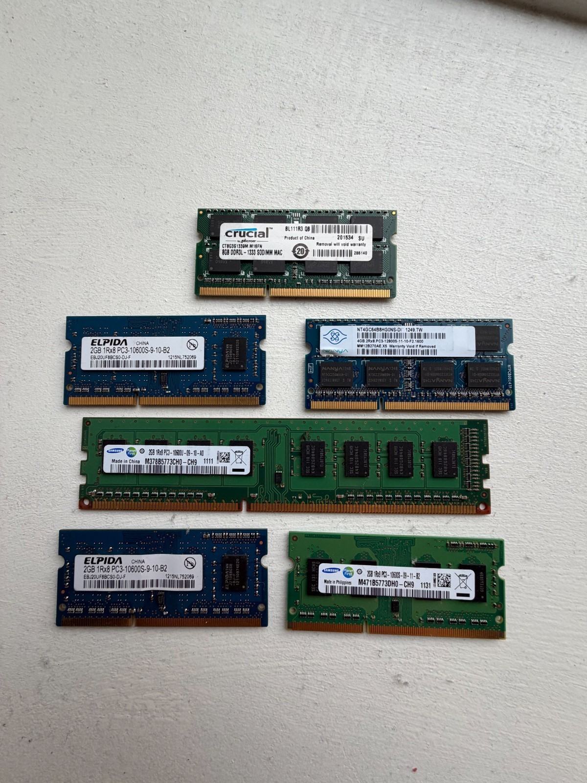 20GB TOTAL of Mixed DDR3 DDR3L RAM Lot - 5 Laptop SO-DIMM + 1 Desktop DIMM