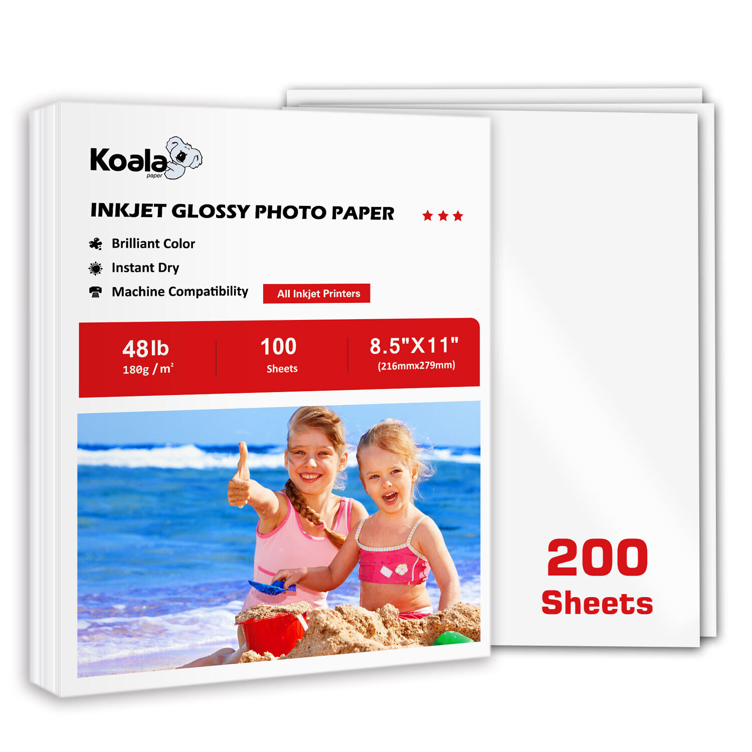 200 Sheets Koala Premium Glossy Photo Paper 8.5x11 48 lb Inkjet Printer Canon HP