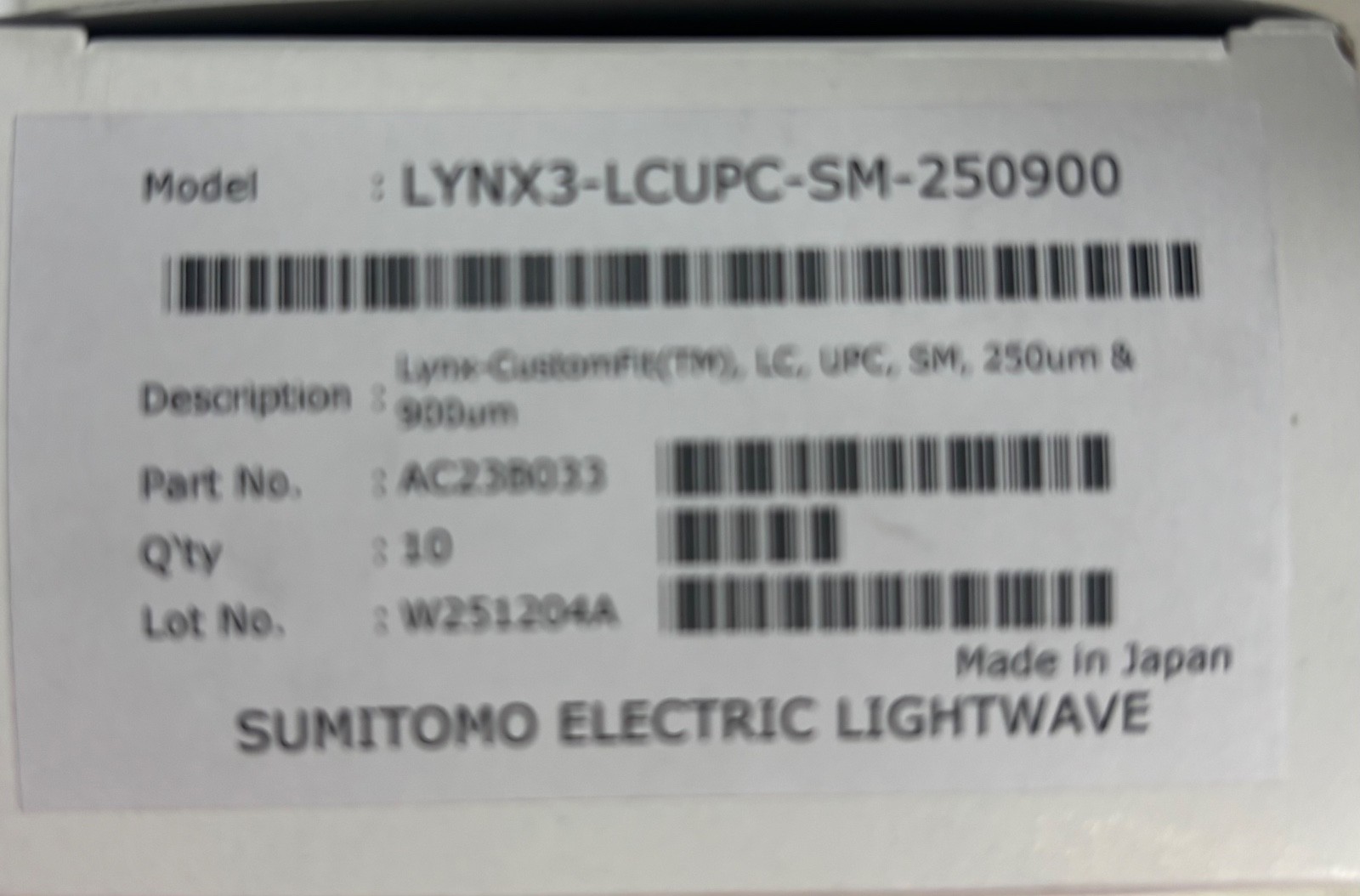 Sumitomo Lynx3-LCUPC-SM-250900 Fiber Connector- Box of 10