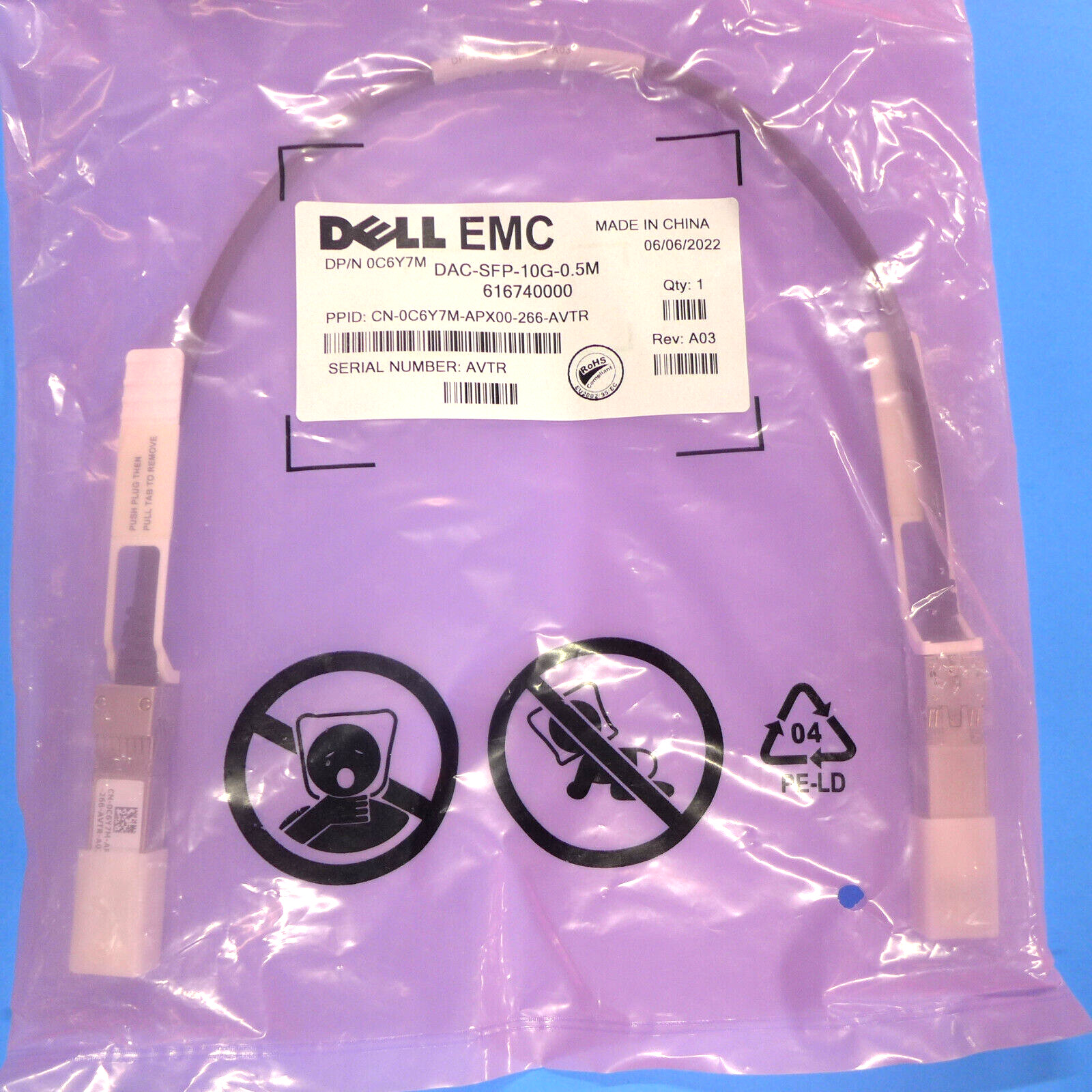NEW Genuine Dell Force10 Passive Copper Network Cable SFP-10GE-PASS-0.5M C6Y7M 