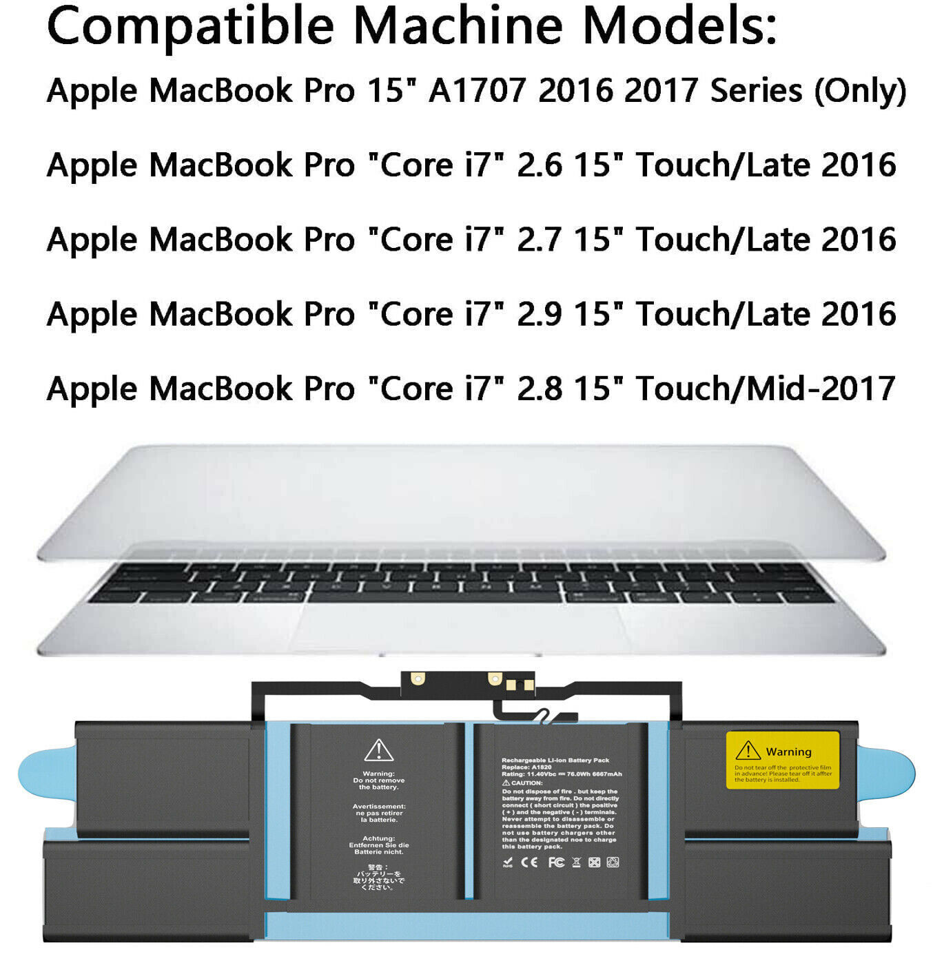 A1820 Battery for MacBook Pro 15" A1707 Late 2016 Mid 2017 MLH32CH/A MLH42CH/A