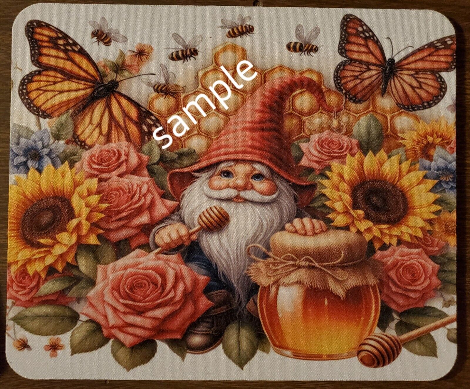 Gnome With Honey Bees,  Sunflowers &  Butterflies Mouse Pad