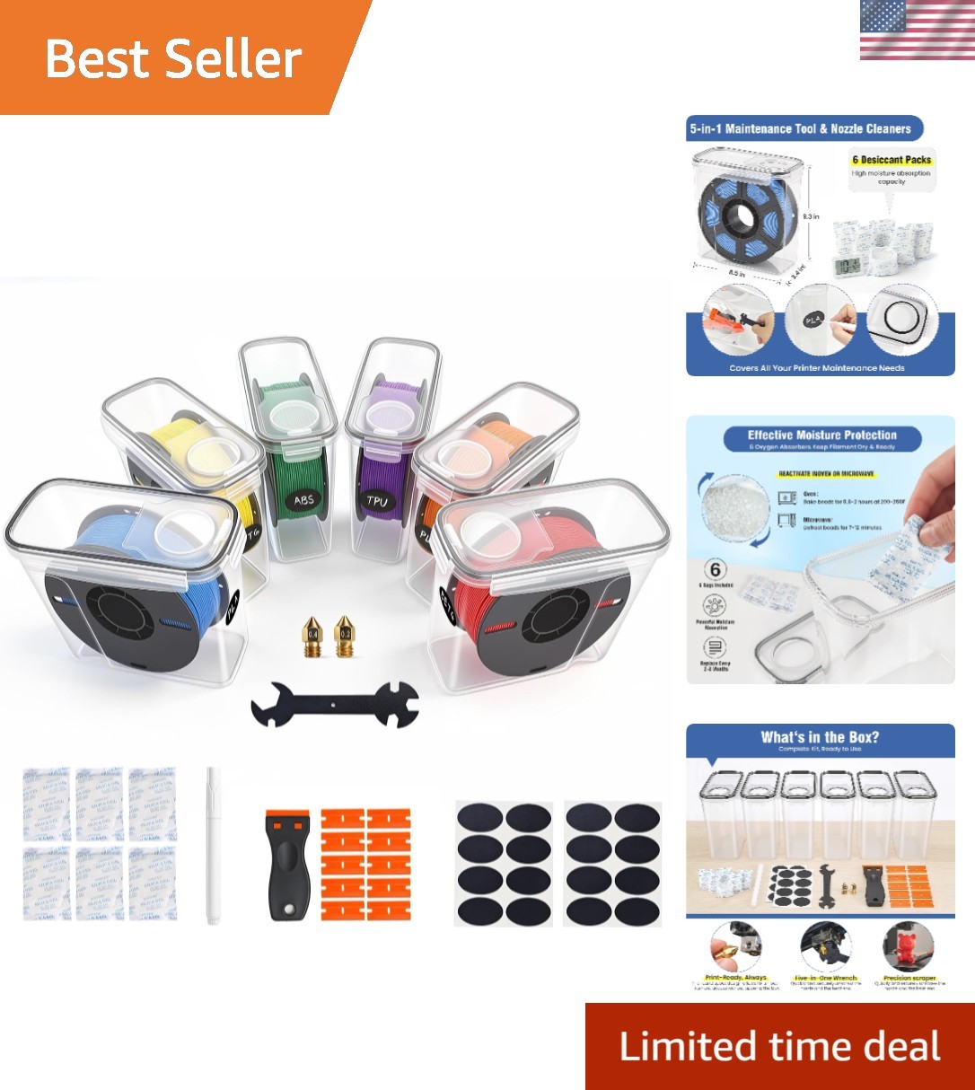 6 Pack 4L Airtight Storage for 3D Printer Filament with Complete Maintenance Kit