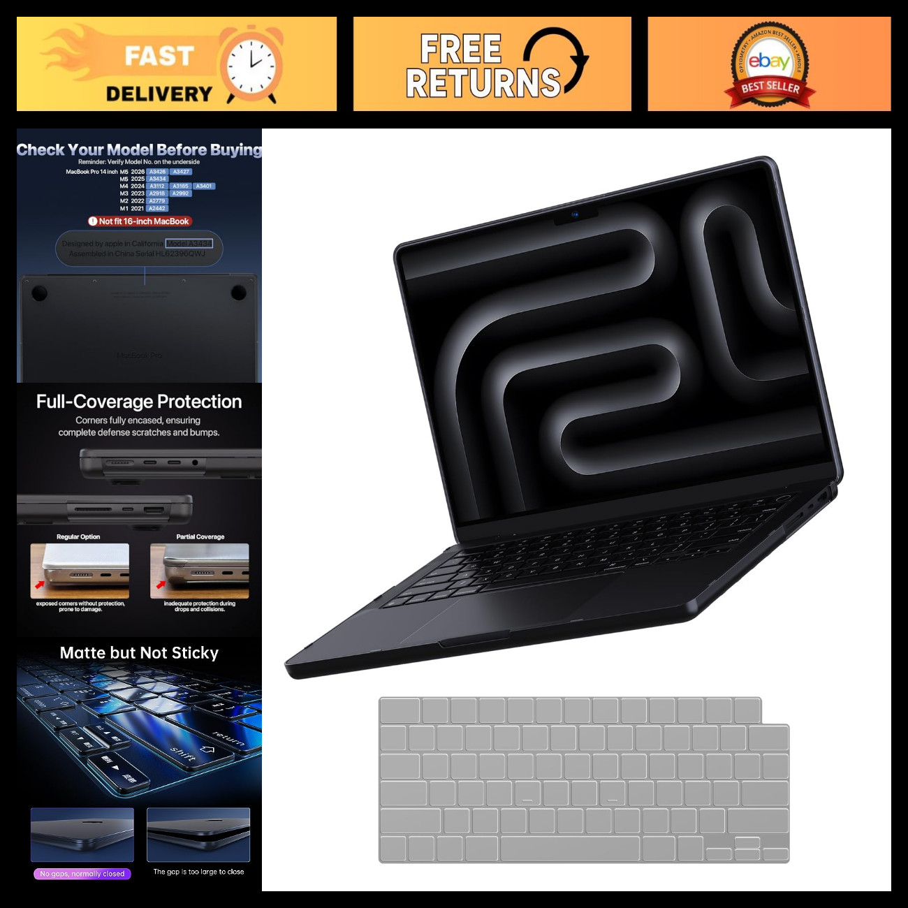 MacBook Pro 14" Case & Keyboard Cover M5 M4 M3-M1 2026-2021, Slim Fit, Durable