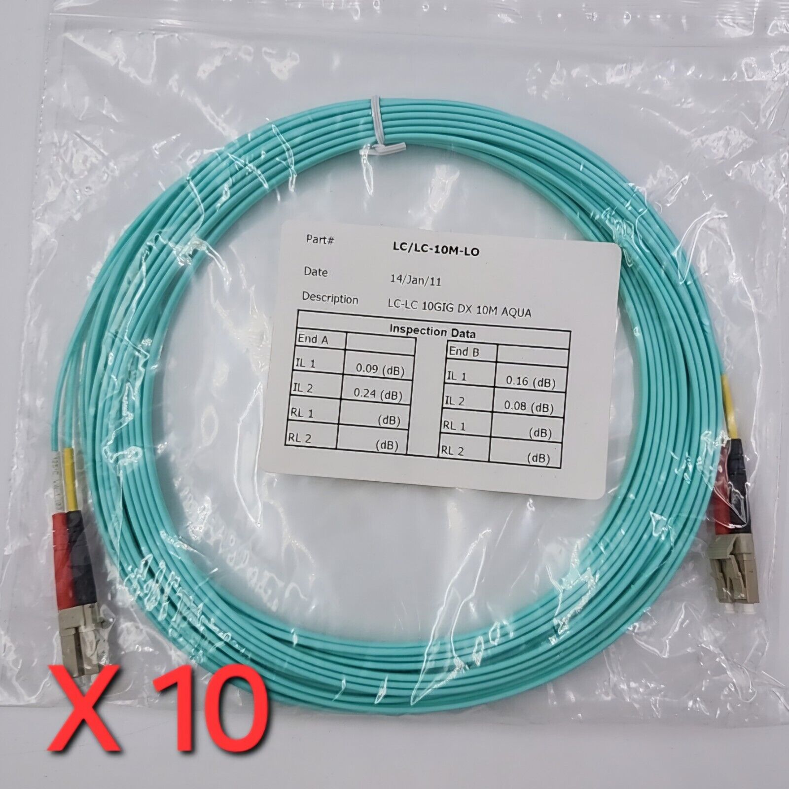 Lot 10 Corning OM3 LC LC Fiber Optic Patch cable Duplex Multimode 50/125 UPC 10m