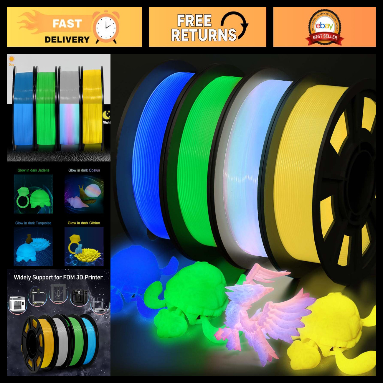 Glow in the Dark 3D Printer Filament Bundle - Multicolor PLA 1.75mm, 250g x 4 Pa
