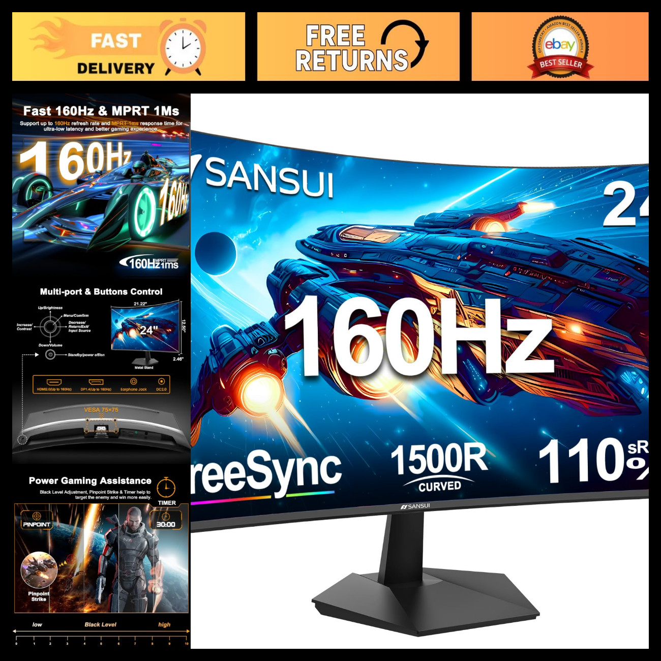 24" Curved Gaming Monitor, 160Hz Refresh Rate, 1ms Response Time, PC Display