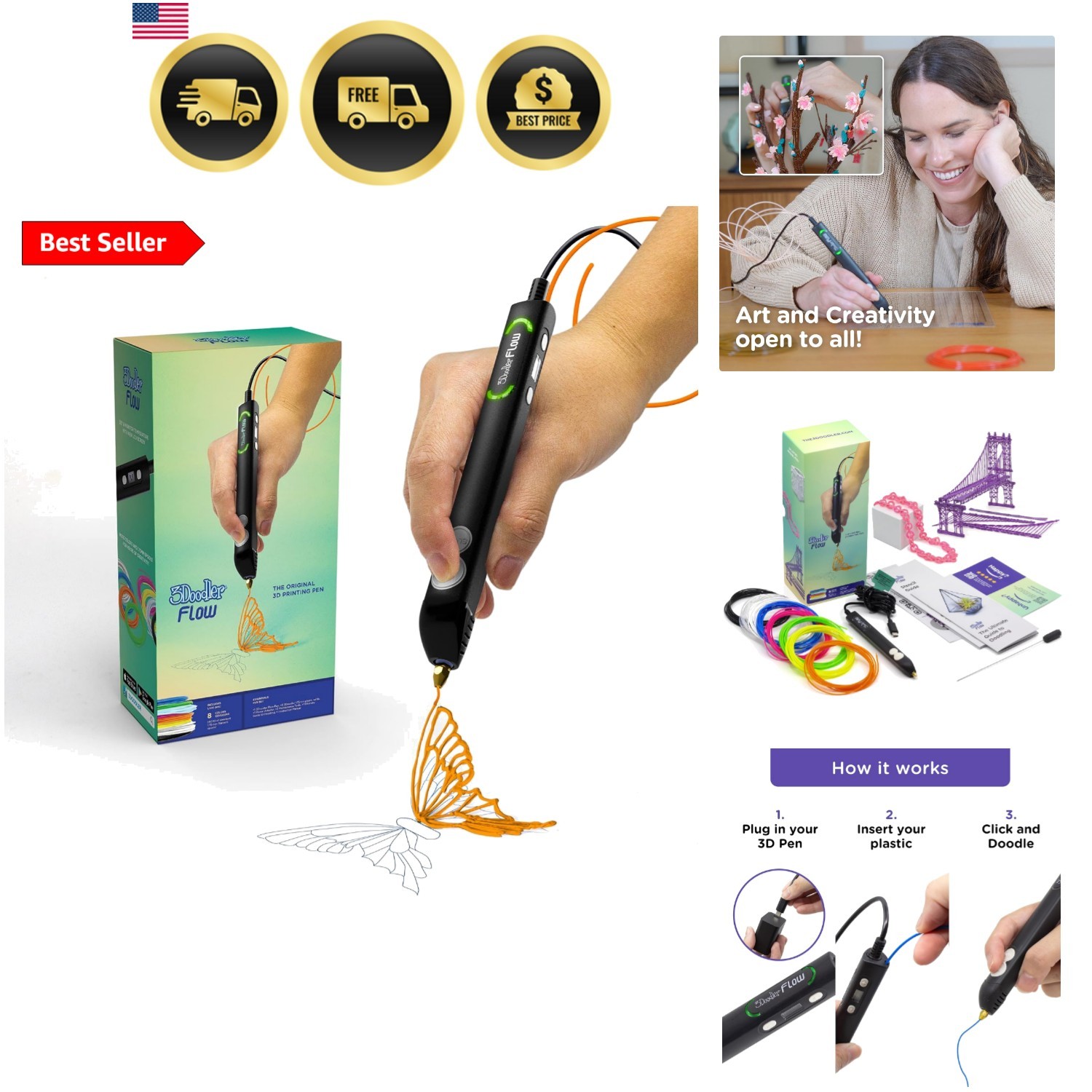 Flow 3D Printing Pen for Teens, Adults & Creators – Black, with Free Refill F...