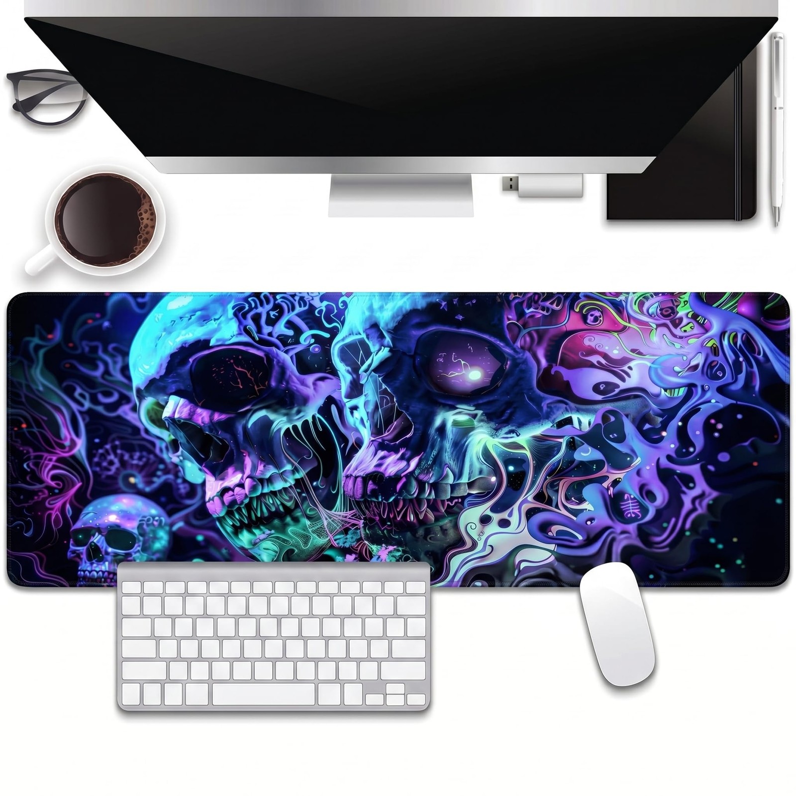 Skull Gaming Mouse Pad, Horror Skeleton XL Desk Mat, 31.5"x11.8"