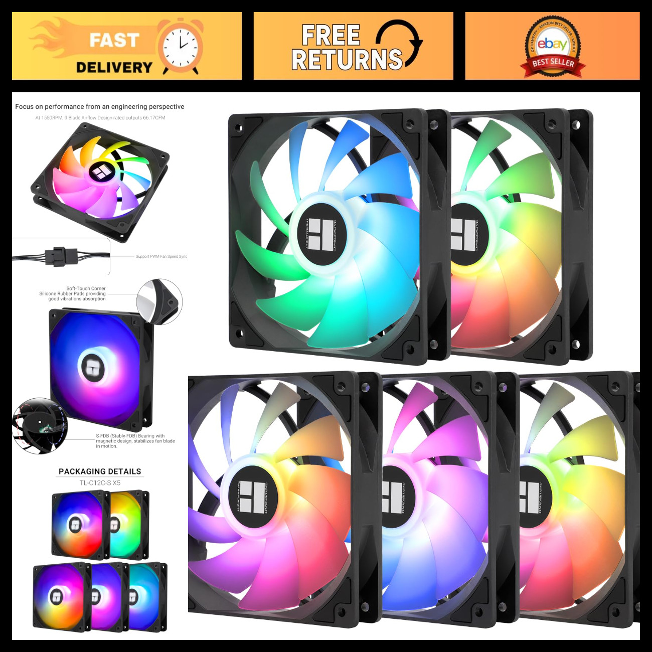 5 Pack 120mm ARGB CPU Case Cooler Fans, 4-Pin PWM Silent Cooling Fans, 1550RPM