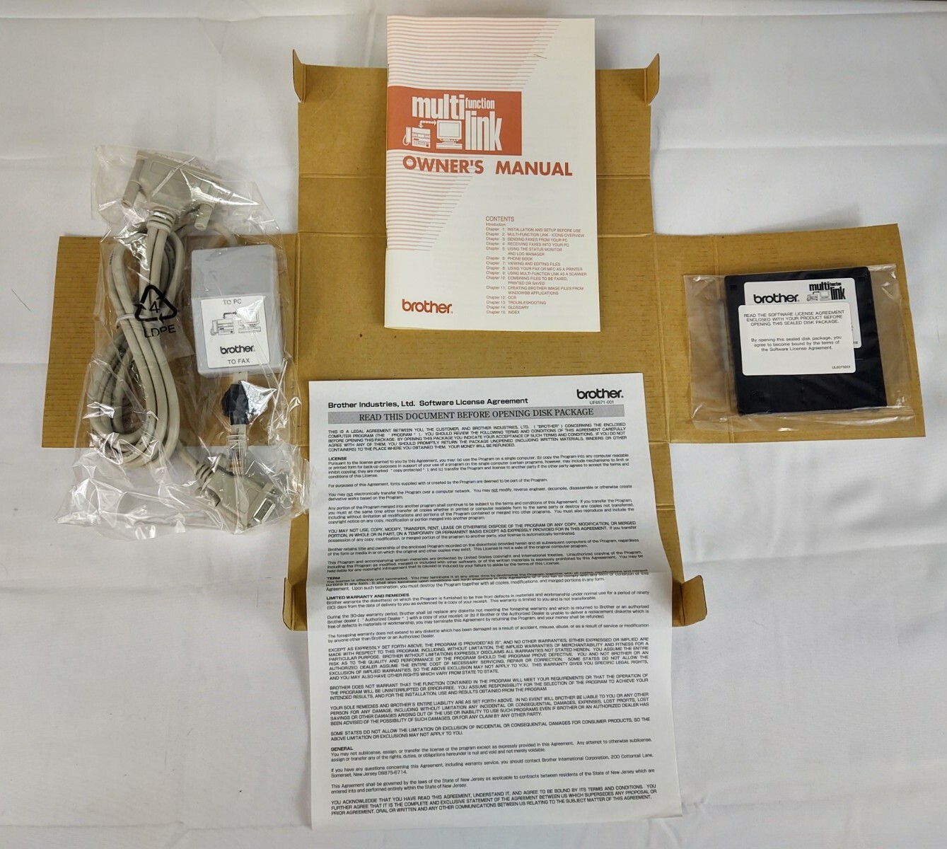 Vtg 1996 NOS BROTHER PC TO FAX CABLE Model PCI-1 Adapter Manual Software 2 Disks