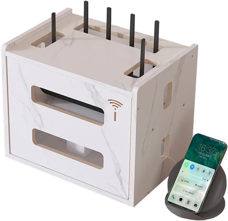 Wooden Wireless WiFi Router Storage Box Modem Router Cover Wood Shelf Power S...