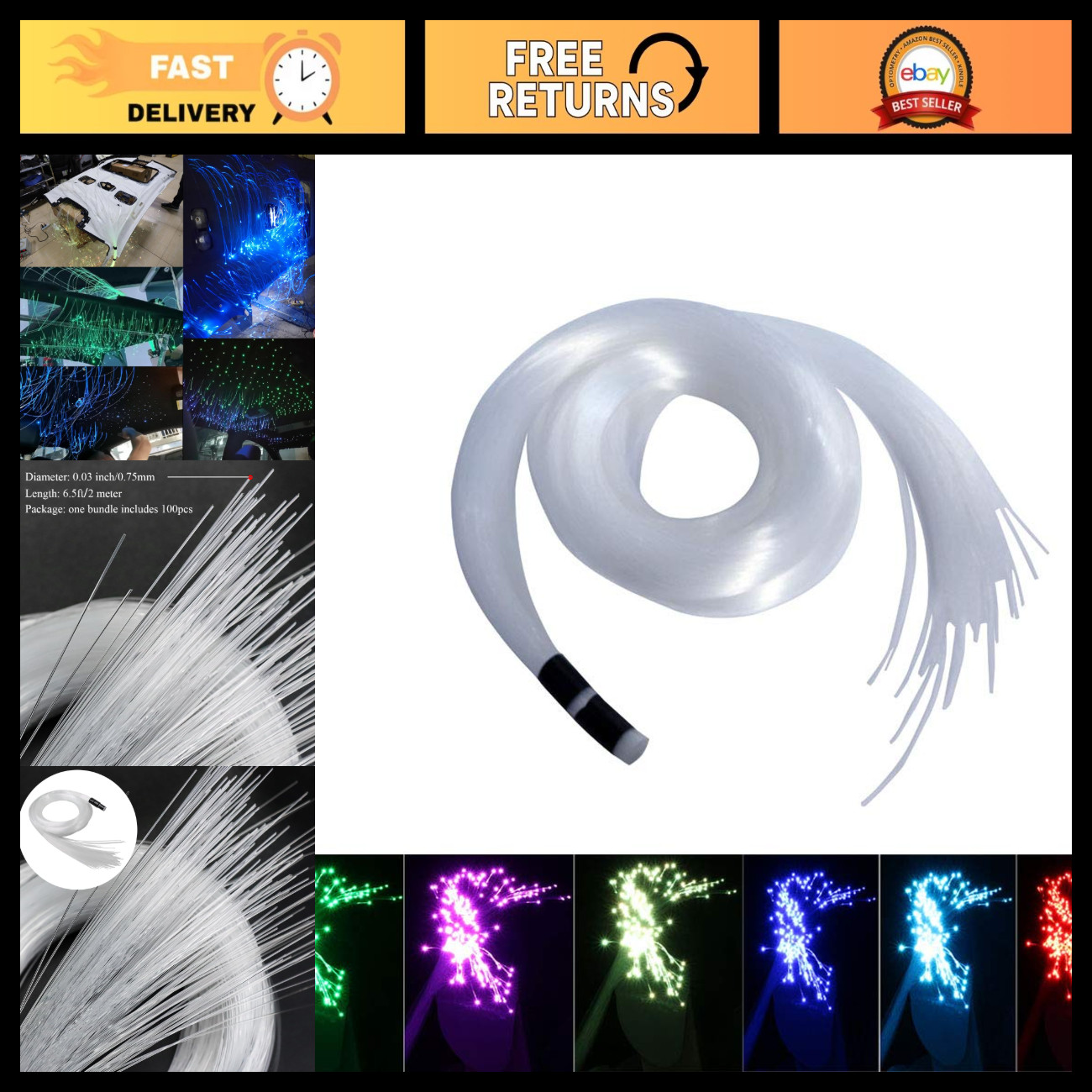 100pcs PMMA Fiber Optic Light Cable 6.5ft/2m Ф0.03in for LED Star Ceiling Kit