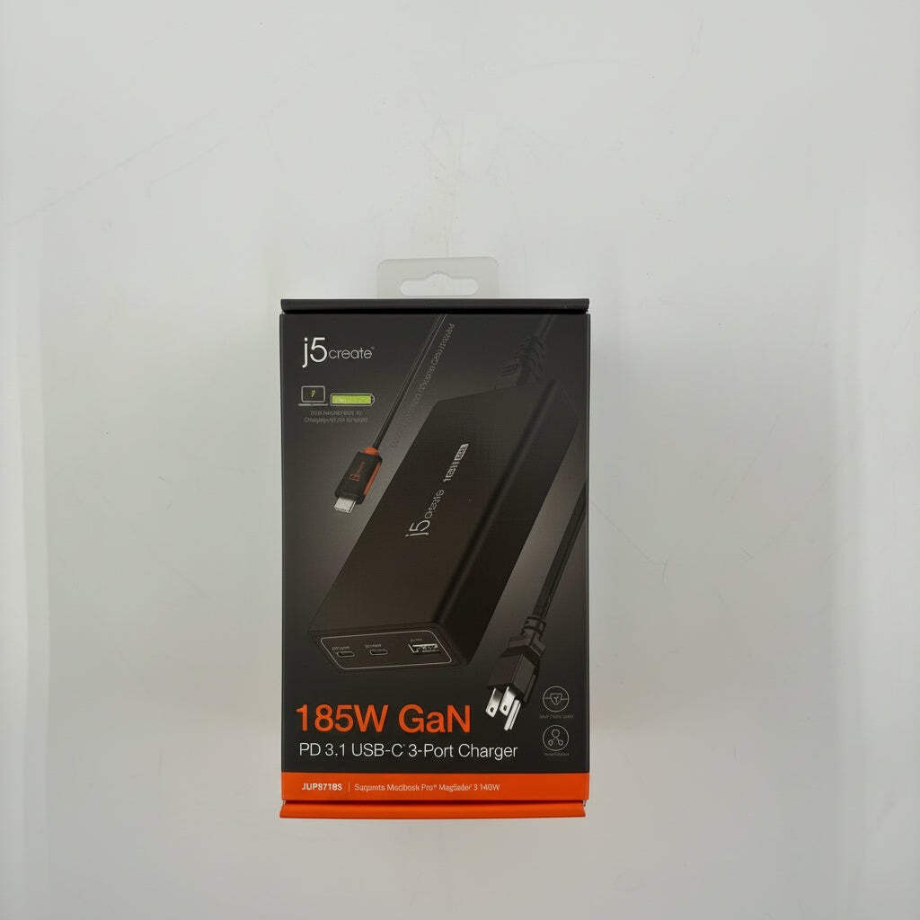 J5Create 185W GaN PD 3.1 USB-C 3 Port Charger Black - New In Box