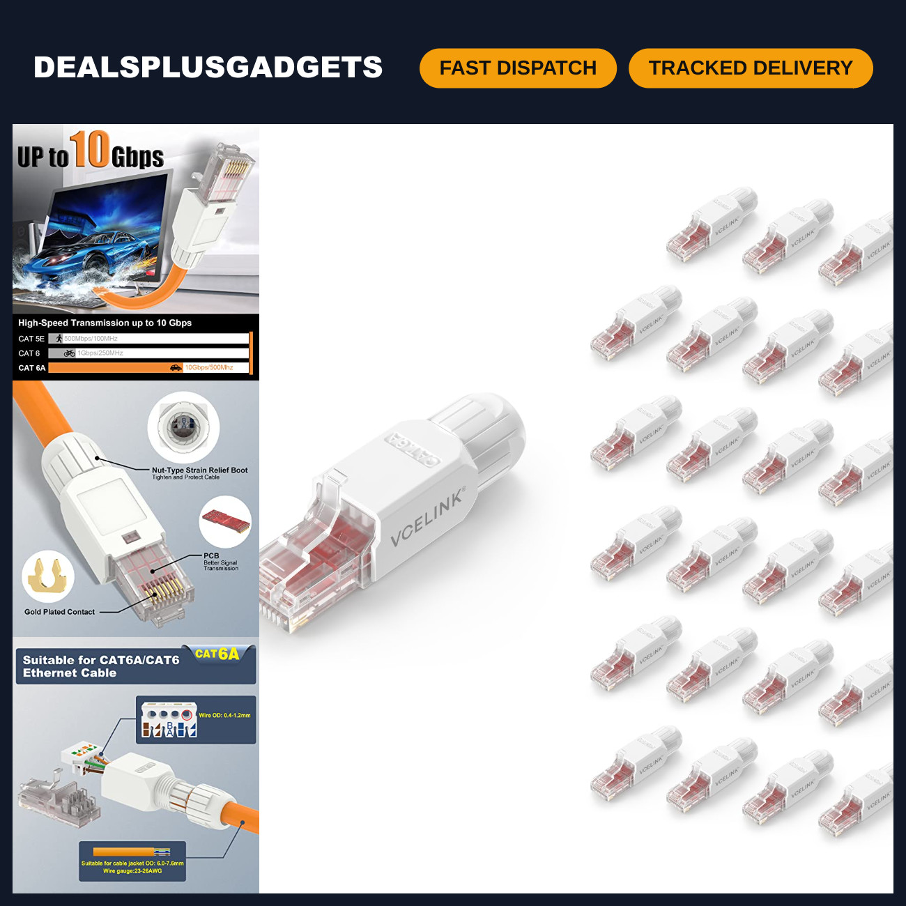 24-Pack Cat6A Tool-Free RJ45 Connectors, Gold-Plated, UTP 23-26AWG, Ethernet Cab