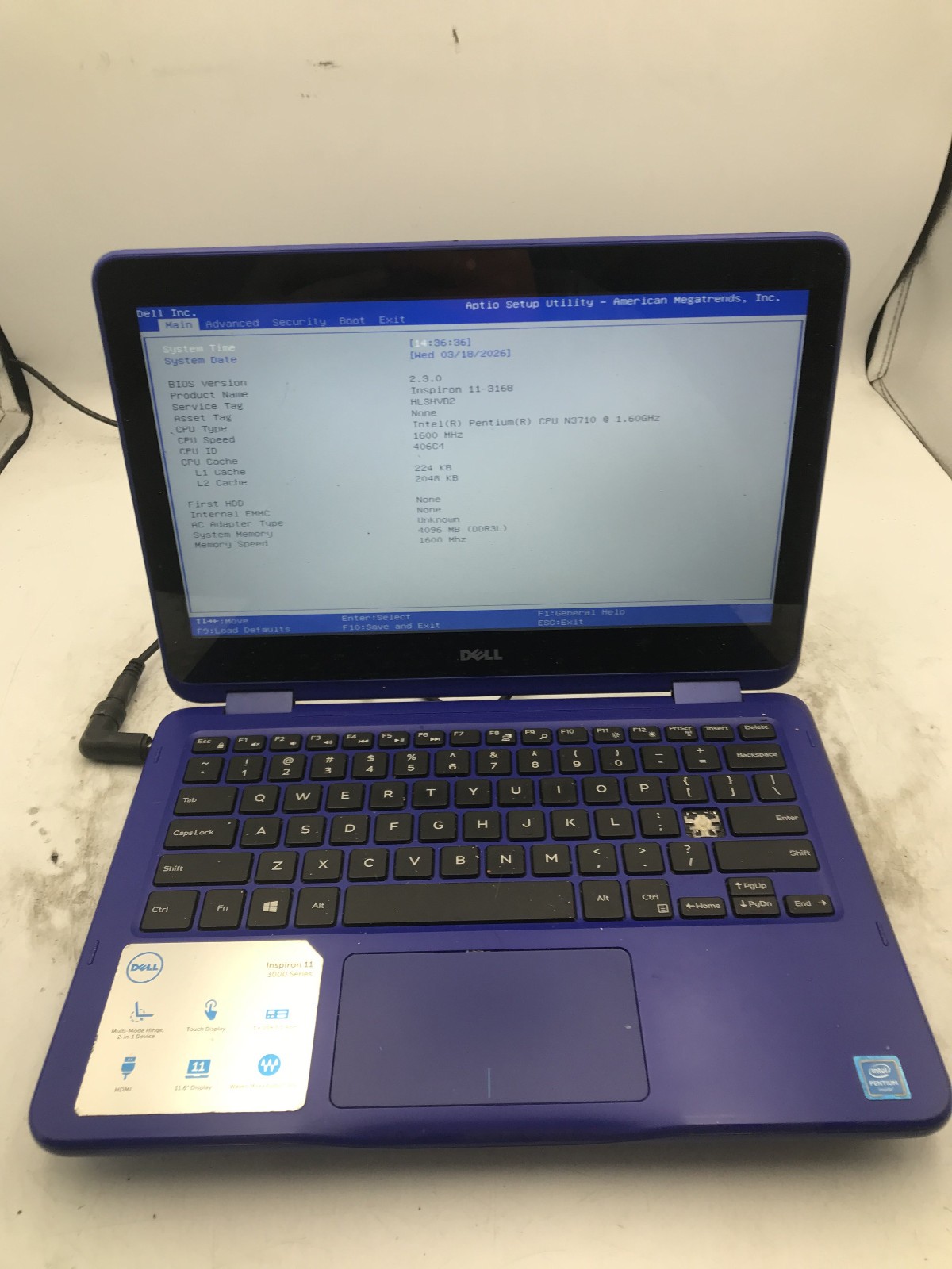 DELL INSPIRON 11 3160 - BOOTS TO BIOS - INTEL PENTIUM N3710 - 4GB RAM - READ -BB