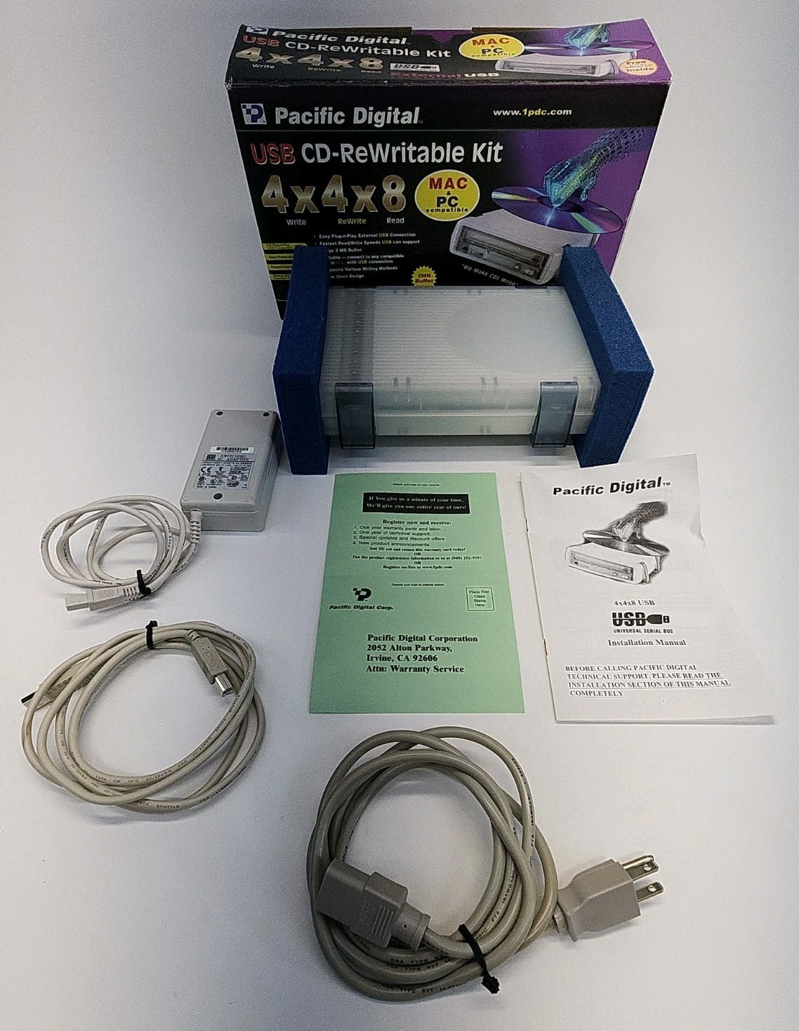Pacific Digital USB CD ReWritable Kit Plug‐N‐Play External 4×4×8 MAC–PC Tested